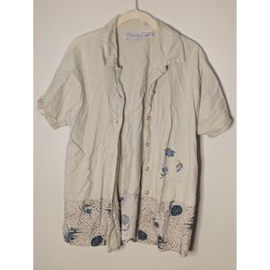 Basic Editions Womens Beige Cotton Floral Embroidered Button Down Shirt Medium